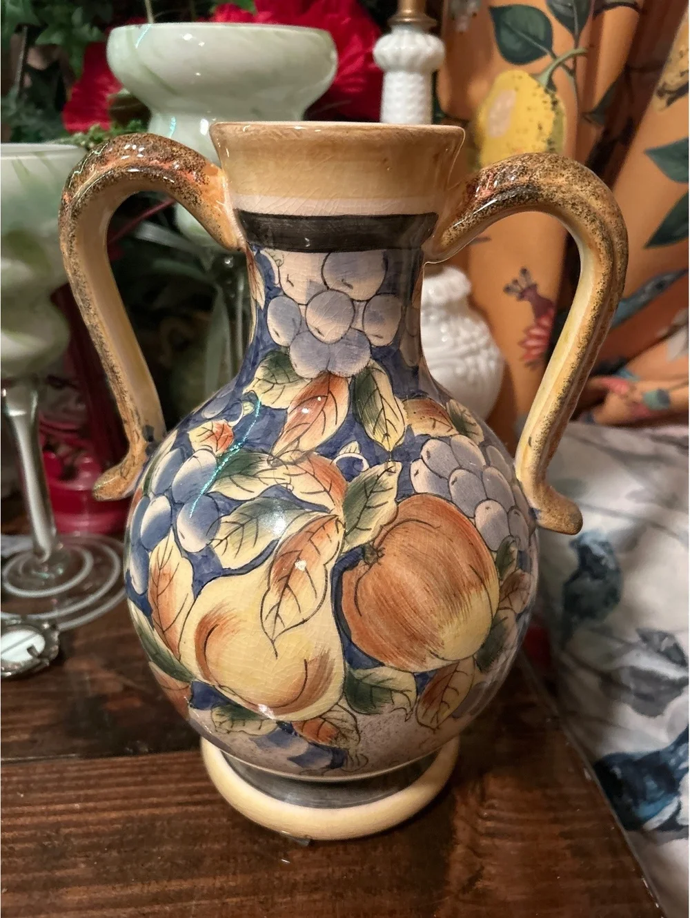Vintage Hand-Painted Ceramic Vase with Fruit Motif and Dual Handles